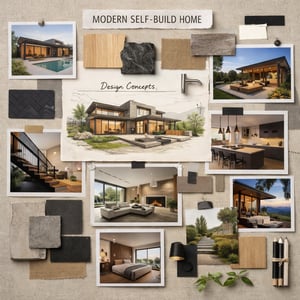 Create an image of a moodboard that shows ideas for interiors and exteriors for a modern self build home