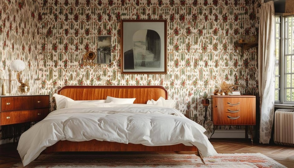 a bedroom with vintage furniture and patterned wallpaper with a modern twist