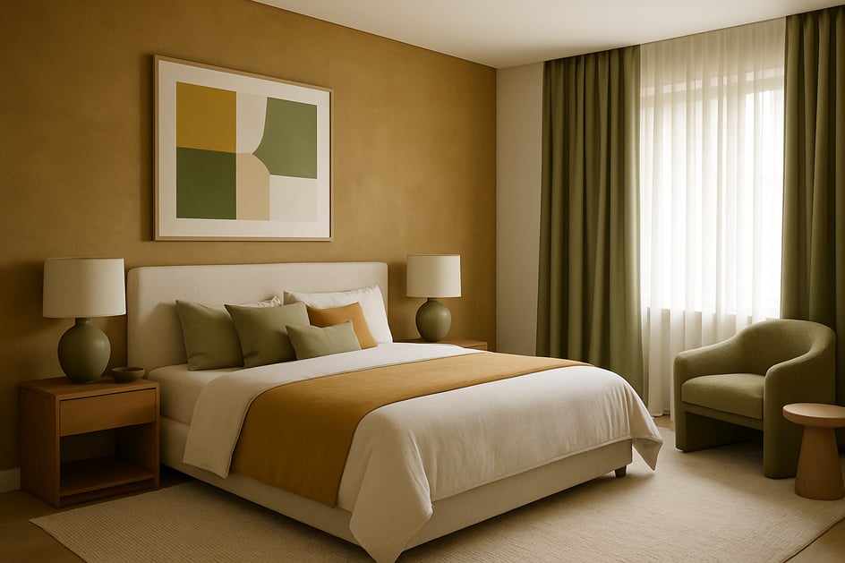 a modern bedroom that shows neutral colours such as ochre olives and cream tones-1