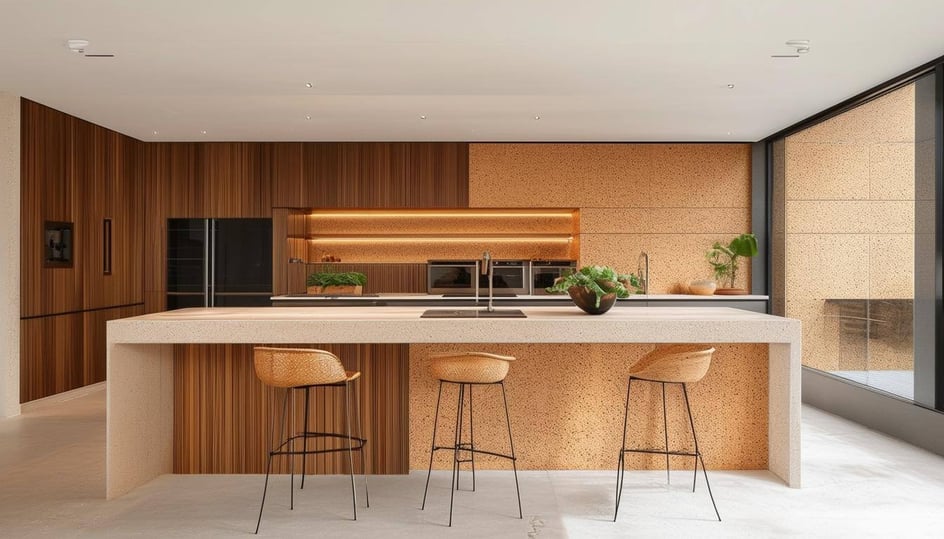 a modern kitchen with hints of wood and cork