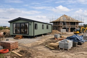 an image of a modern static caravan on a self build house site