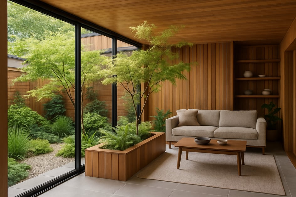 create an modern image of a home that has incorporate the garden and wooden features of their garden into their home interior-1