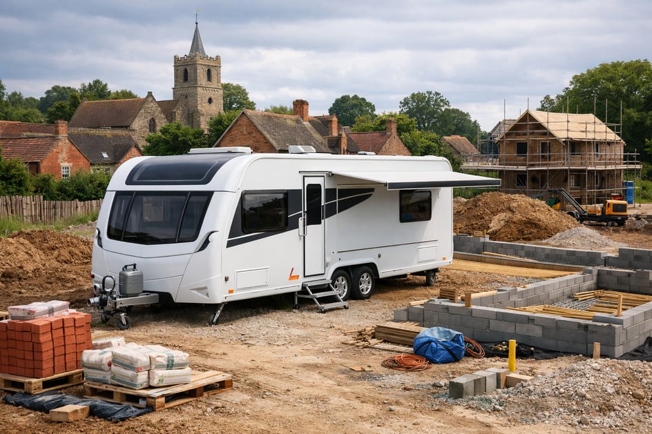modern caravan on a self build site in a village