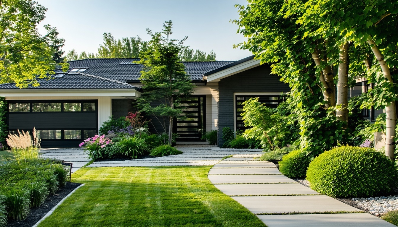 show a home with soft landscaping that provides effective shading for the home